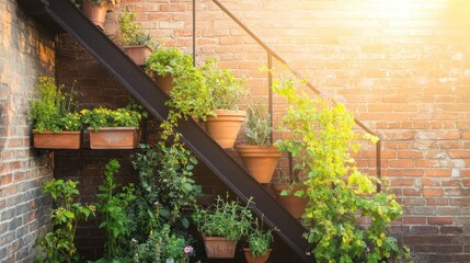 A fire escape garden, with clever planters holding herbs and flowers, against a brick wall, creative use of urban space, charming and resourceful, golden hour sunlight.