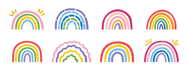Hand drawn rainbow doodle set colorful line art design