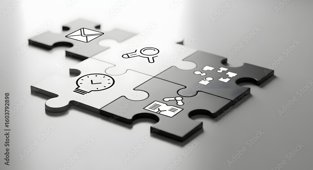 Poster monochrome jigsaw puzzle illustrating key business concepts. a metaphor for strategy, problem-solvin