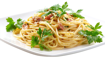 Delicious spaghetti dish garnished with fresh parsley, isolated on a white background.