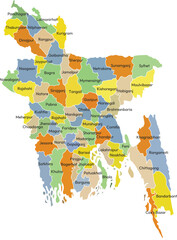 Editable Vector Map of Bangladesh with District Names. Political Administrative Country Map for Education, Geography Projects, and Infographics