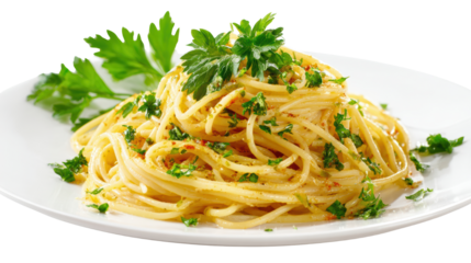 Delicious spaghetti topped with fresh parsley on a white plate.