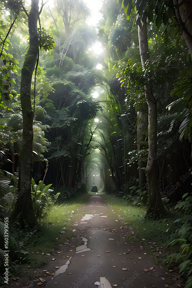 Poster a forest path stretches into the distance, sunlight filtering through the dense canopy of trees.