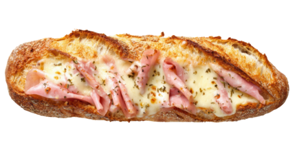 Deliciously baked bread filled with ham and melted cheese, perfect for a savory snack or meal.