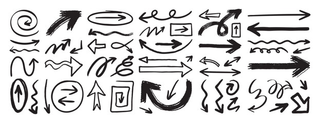hand drawn arrows set grunge rough, brush stroke curly arrow collection