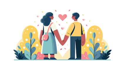Fototapeta premium Flat vector illustration of young couple gazing at each other and holding hands, gentle romantic mood, spring love and dating theme, floral background