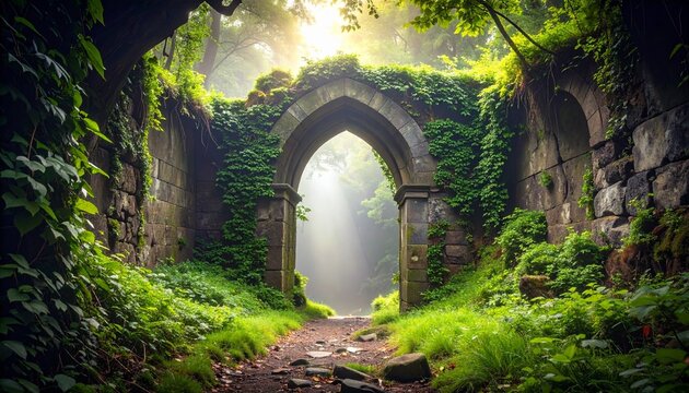 Mystical stone archway overgrown with vibrant green foliage in an enchanted forest with ethereal light. - Powered by Adobe