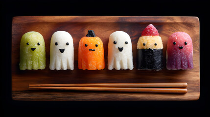Candy sushi set arranged to look like ghosts and pumpkins