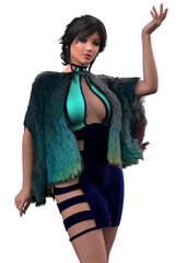 3D illustration of a fashionable woman in a modern outfit featuring a cutout dress and a multicolored faux fur cape. She poses confidently, showcasing a bold and trendy cyber inspired style.