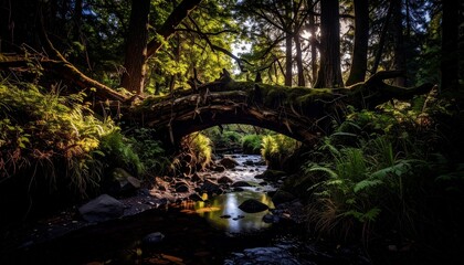 Naklejka premium Fallen Log Bridge Over a Forest Creek.