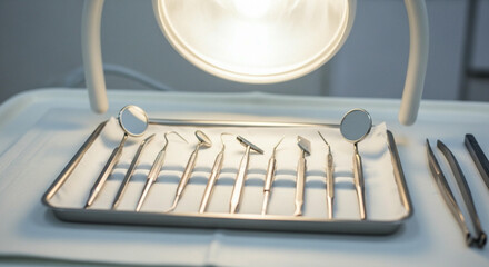 An organized tray of professional stainless steel dental instruments ready for use