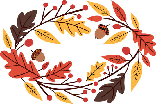A decorative oval frame composed of autumn branches with colorful oak leaves berries and acorns on a white background evoking a warm seasonal feeling