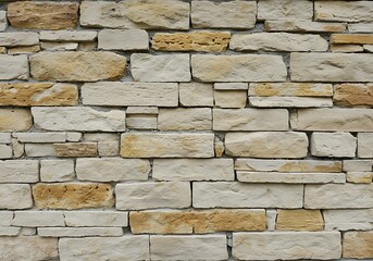 Building facade texture composed of varied, light-colored rough stones, laid with visible grey mortar.

