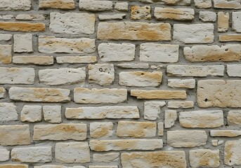 Exterior wall made of natural, rough stones in shades of light brown and off-white, creating a unique texture.

