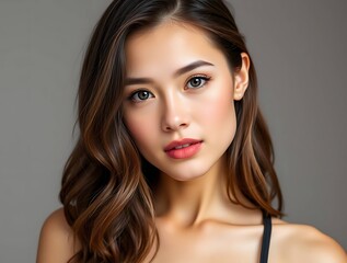 Naklejka premium Young woman with elegant features and fair skin, naturally posing in a delicate bra, embodying soft femininity, grace, and modern beauty in a serene, intimate portrait