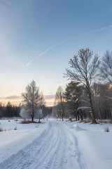 Serene winter sunrise over a snow-covered path winding through a tranquil, frosty landscape.