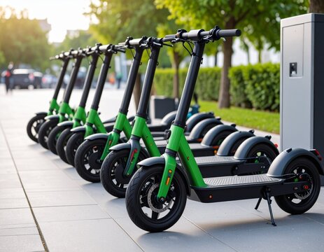 Fleet of electric scooters neatly parked near a charging dock, urban eco transport concept