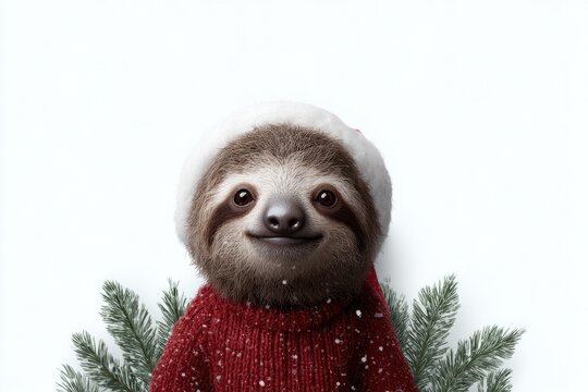 Cute sloth wearing cozy sweater and festive hat surrounded by pi - Powered by Adobe