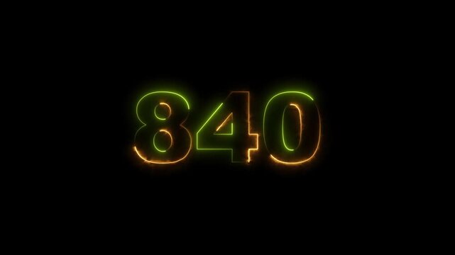 840 number neon bright lime green color animation. black background 4k video.