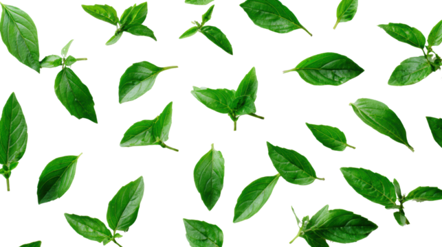 Fresh green leaves scattered on a white background, perfect for nature-themed designs and creative projects.