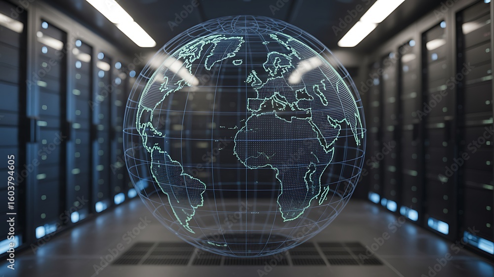Poster digital globe hovering in a dark server room with glowing lights earth planet