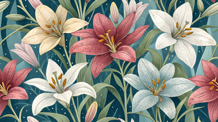 Seamless floral pattern with Rain Lily flowers. Digital illustration. Highly detailed. Bright colors. Perfect for fabric or wallpaper designs.