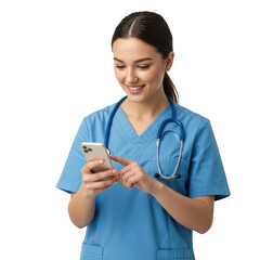 Smiling young female medical professional in blue scrubs using a smartphone with stethoscope isolated on transparent background