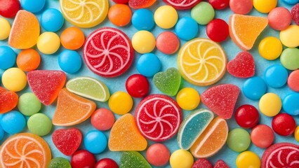 A colorful array of gummy candies and fruit slices arranged on a blue surface