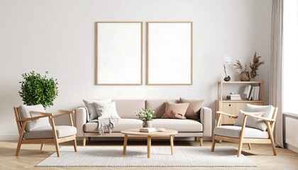 Modern living room with blank frames.