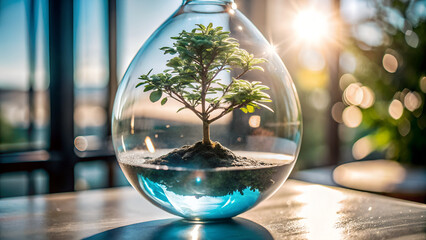 Tiny tree inside a water droplet-shaped glass container with gentle sunlight