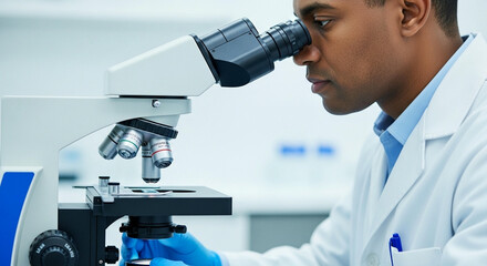 A focused male scientist in a modern laboratory looking into a microscope to conduct research