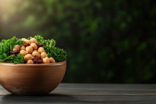 Colorful bean salad in wooden bowl, highlighting freshness and n