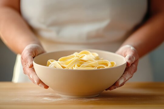 Hands gently cradle bowl of freshly made pasta, showcasing artis