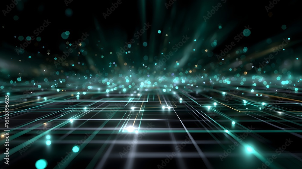 Poster a 3d digital network grid with glowing emerald green and teal nodes, floating light particles, and a