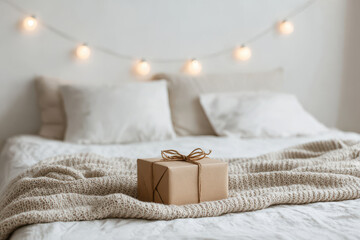 cozy minimalist christmas celebration scene in usa featuring beautifully wrapped gift box at center