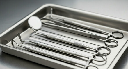 A close up of professional dental instruments made of stainless steel on a sterile tray