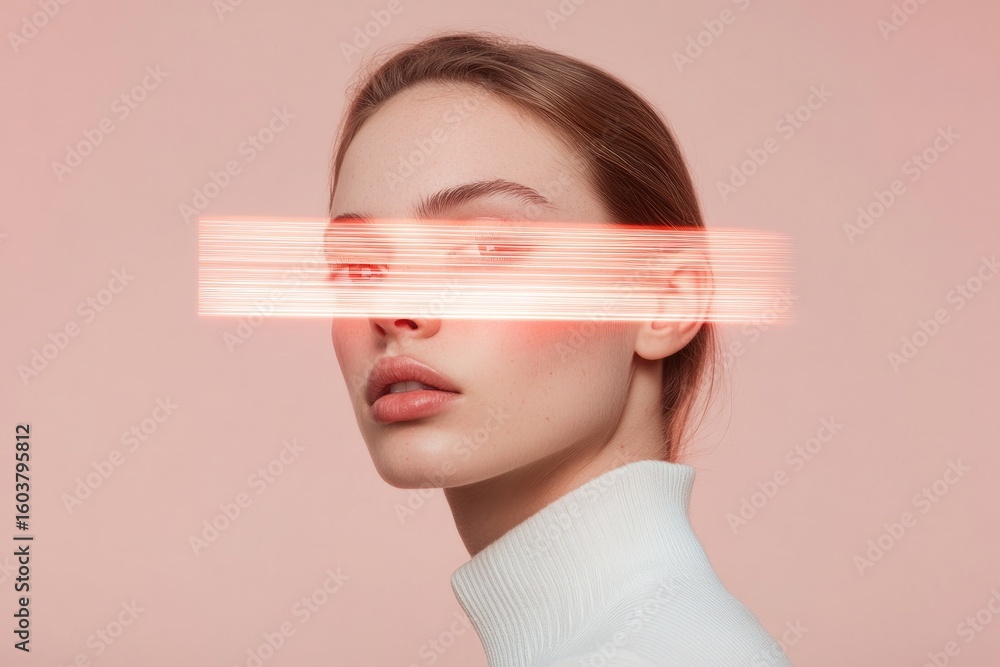 Poster soft hues blend with sharp lines, creating surreal portrait emph