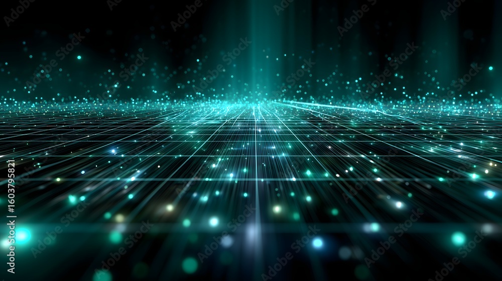 Aufkleber a detailed glowing 3d neural network grid with emerald green and teal nodes over a dark background. 