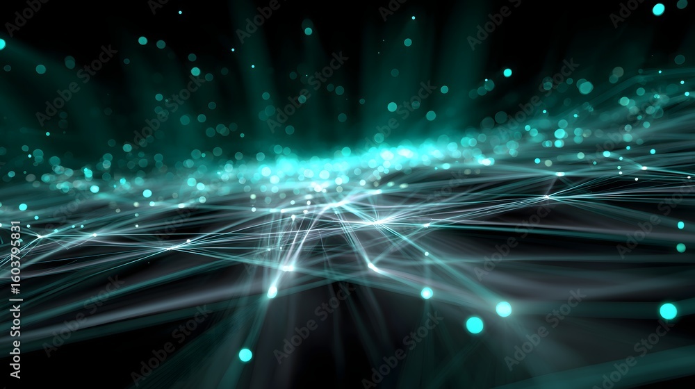 Aufkleber a glowing 3d neural network grid with emerald green and teal nodes converging at a vanishing point. 