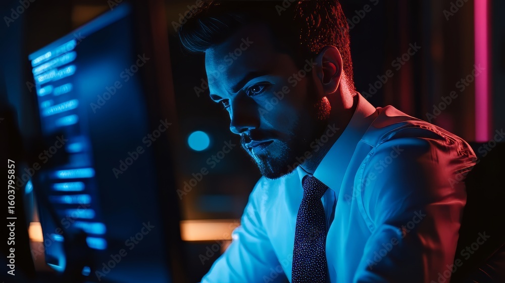 Poster businessman ensuring cybersecurity by securing transactions with encryption, protecting data privacy