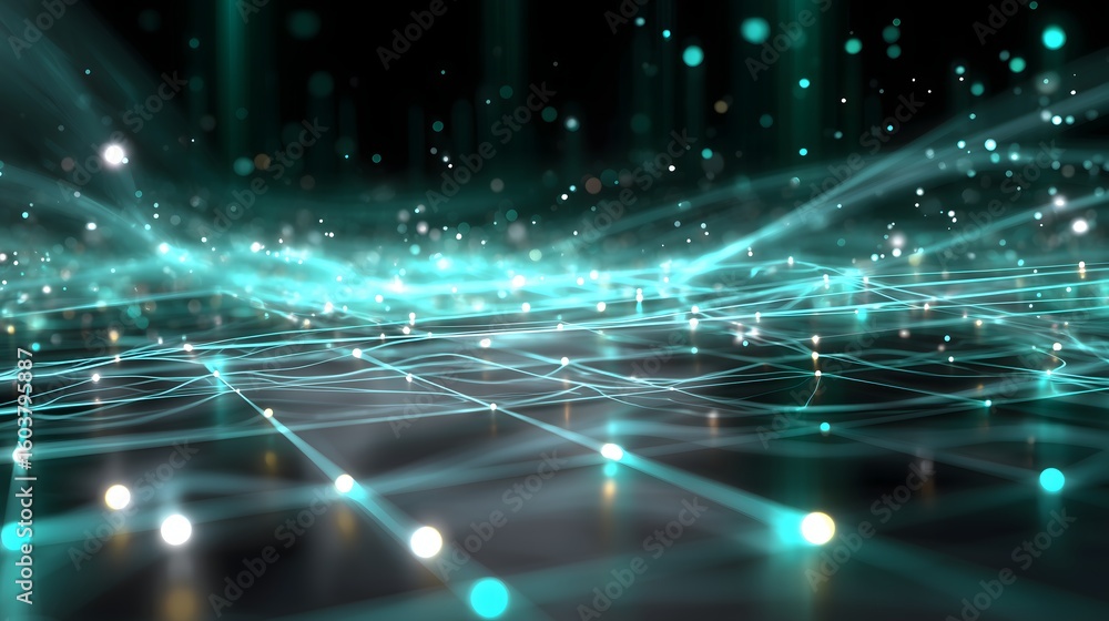 Poster a glowing 3d neural network grid with emerald green and teal nodes. floating light particles and sof