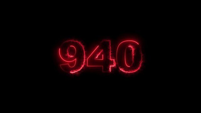 940 number countdown neon bright red color animation. black background 4k video.
