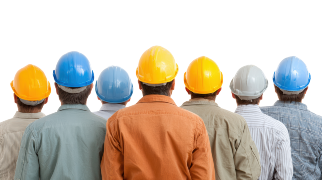 Group of workers wearing hard hats, viewed from the back against a white isolate background.