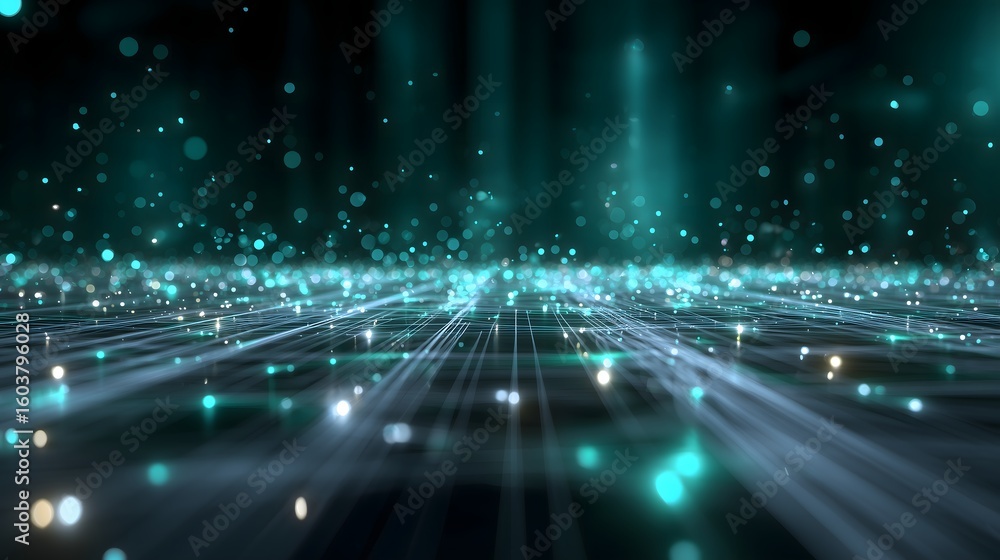 Poster a detailed 3d digital network grid with glowing emerald and teal nodes, floating particles, and a va