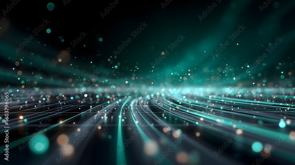 Poster a glowing green and teal 3d network grid in vanishing point perspective with floating particles and 