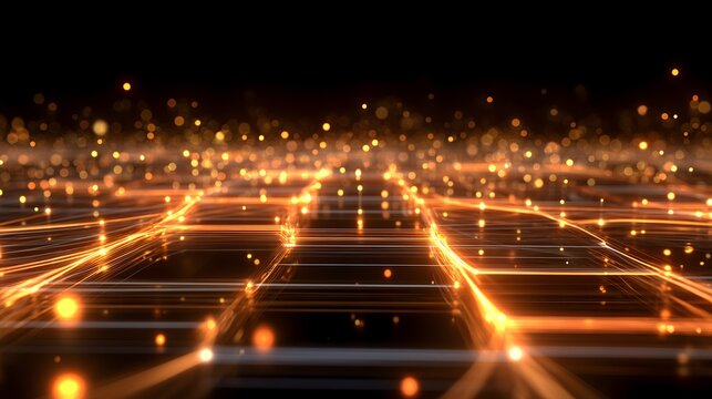 A detailed 3D neural network grid with glowing orange and amber nodes, motion glow, and golden haze. Perfect for technology, AI, and innovation-related marketing and editorial content.