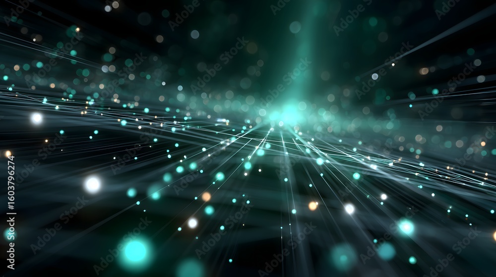 Aufkleber a glowing 3d network grid with emerald green and teal nodes on a dark space background. floating lig