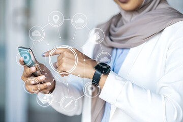 Muslim woman using smartphone with futuristic holographic interface and digital icons