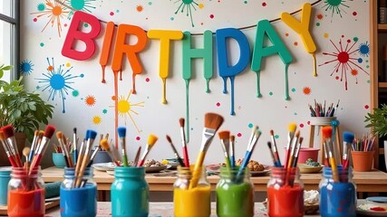 Birthday art party prep with vibrant paint brushes and a colorful handmade banner backdrop