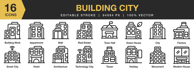 Building City icon set. Editable Stroke Icon Collection. Includes architecture, city, urban, building, cityscape, and More. Outline icons vector collection.